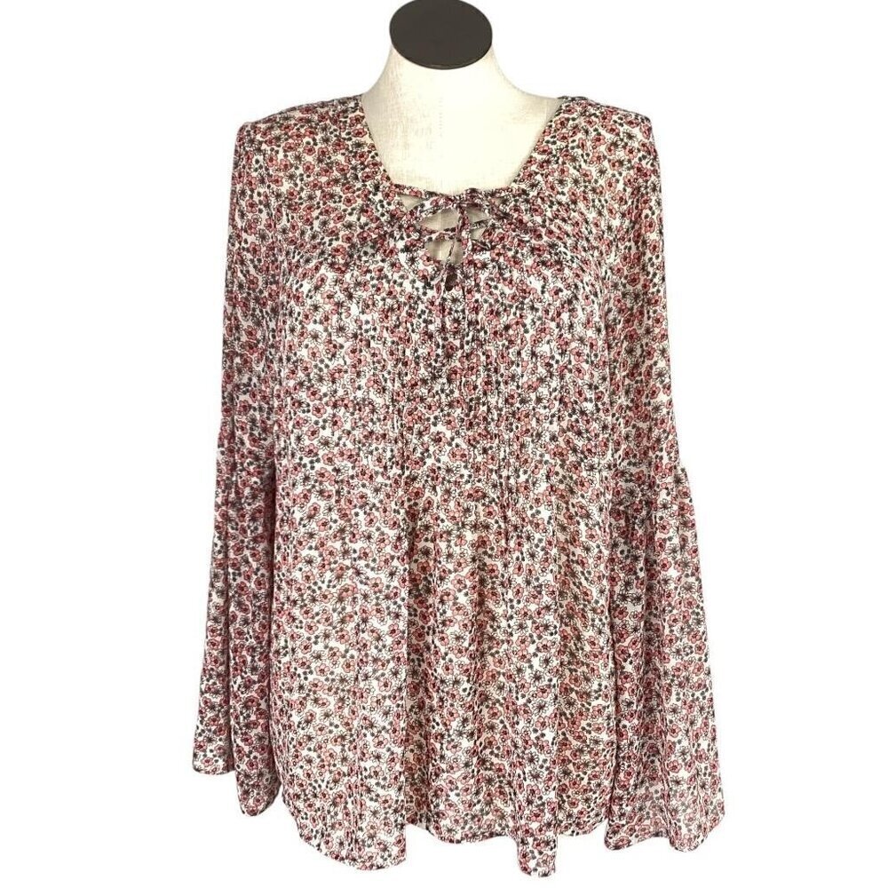 Torrid Top Women 3X White Orange Ditzy Floral Sheer Lace Up Peasant Bell Sleeve
